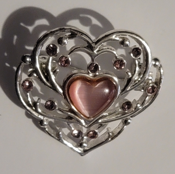 VINTAGE Heart Brooch Pin Silver Tone Pink Glass Cabochon Rhinestone - Picture 3 of 11